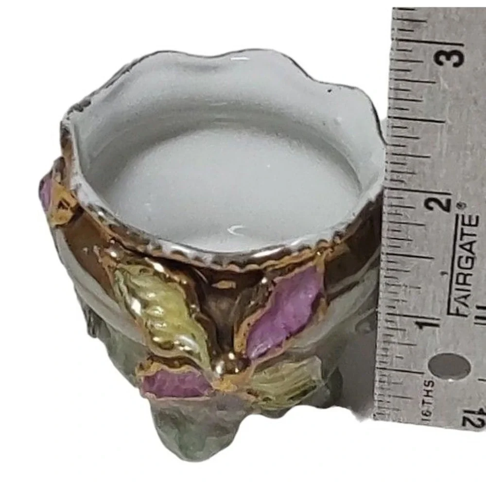 Vintage Bone China Demitasse Cup Green Pink Raised Flowers Footed Two Inches SEE